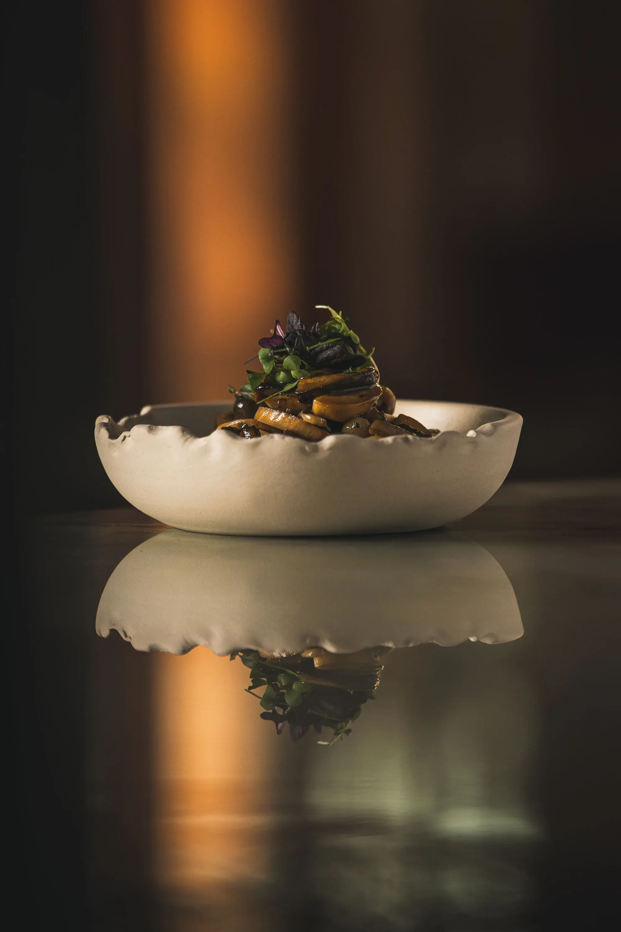 Glazed roots and wild mushroom