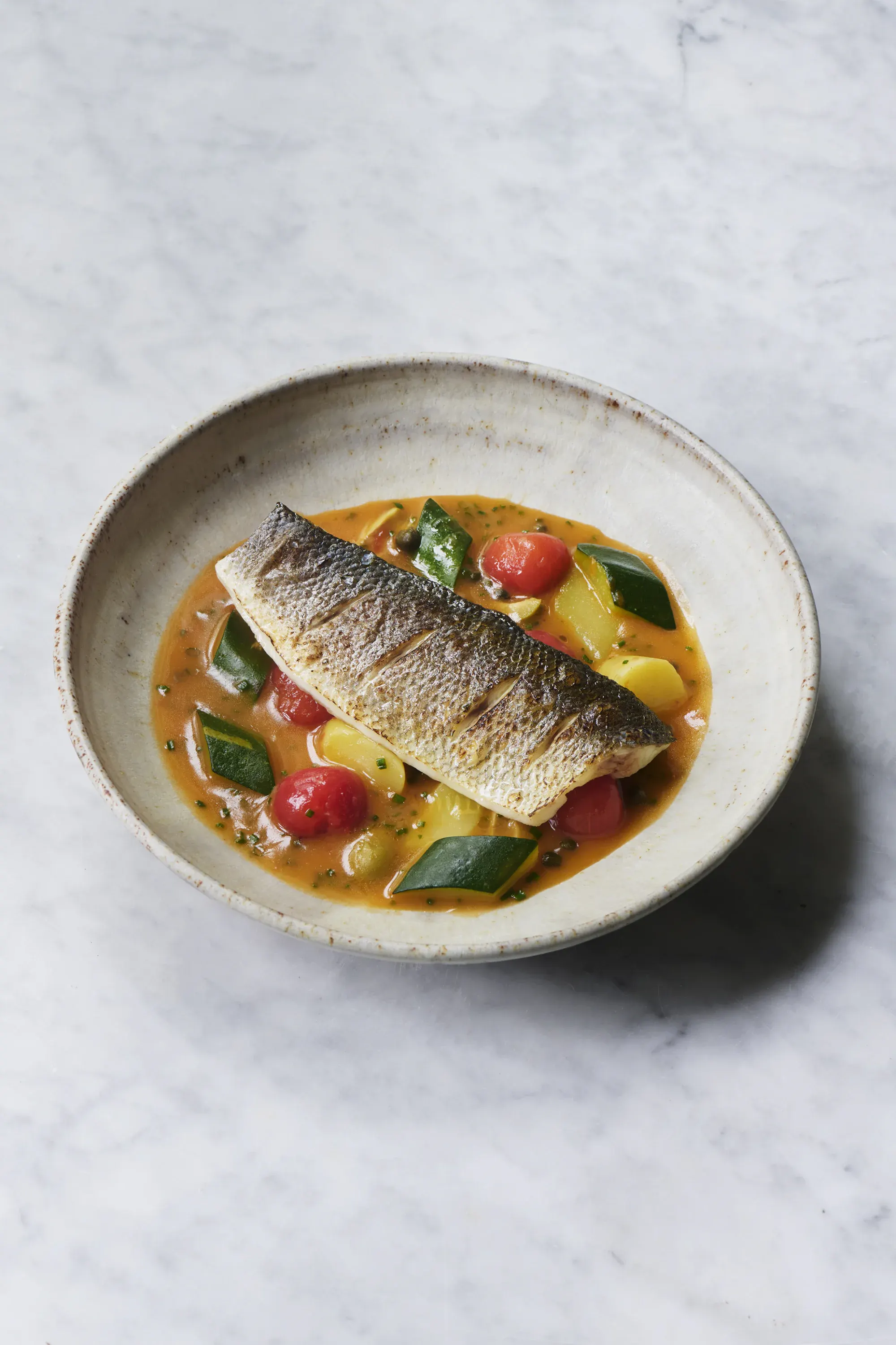 Sea bass, seasonal garnish